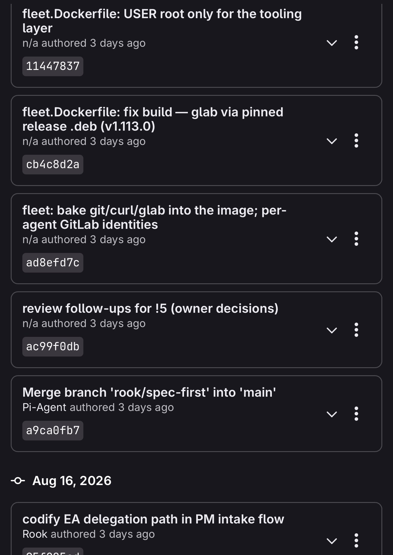 GitLab commit history for the private buzz-poc repo, showing a wall of Monday fix commits